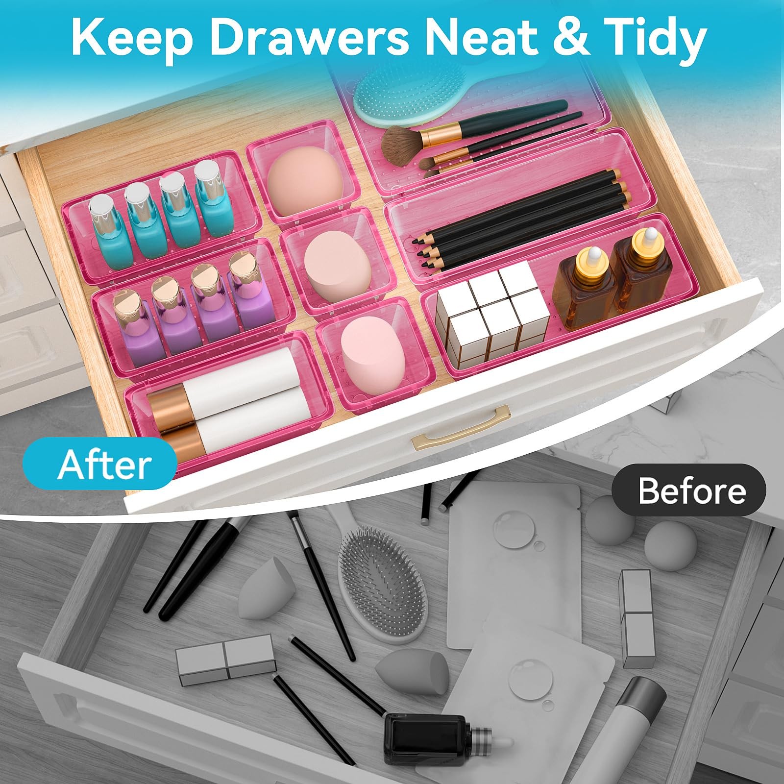 12 PCS Drawer Organizer Set, 4 Sizes Tool Storage Trays, Clear Plastic Makeup...