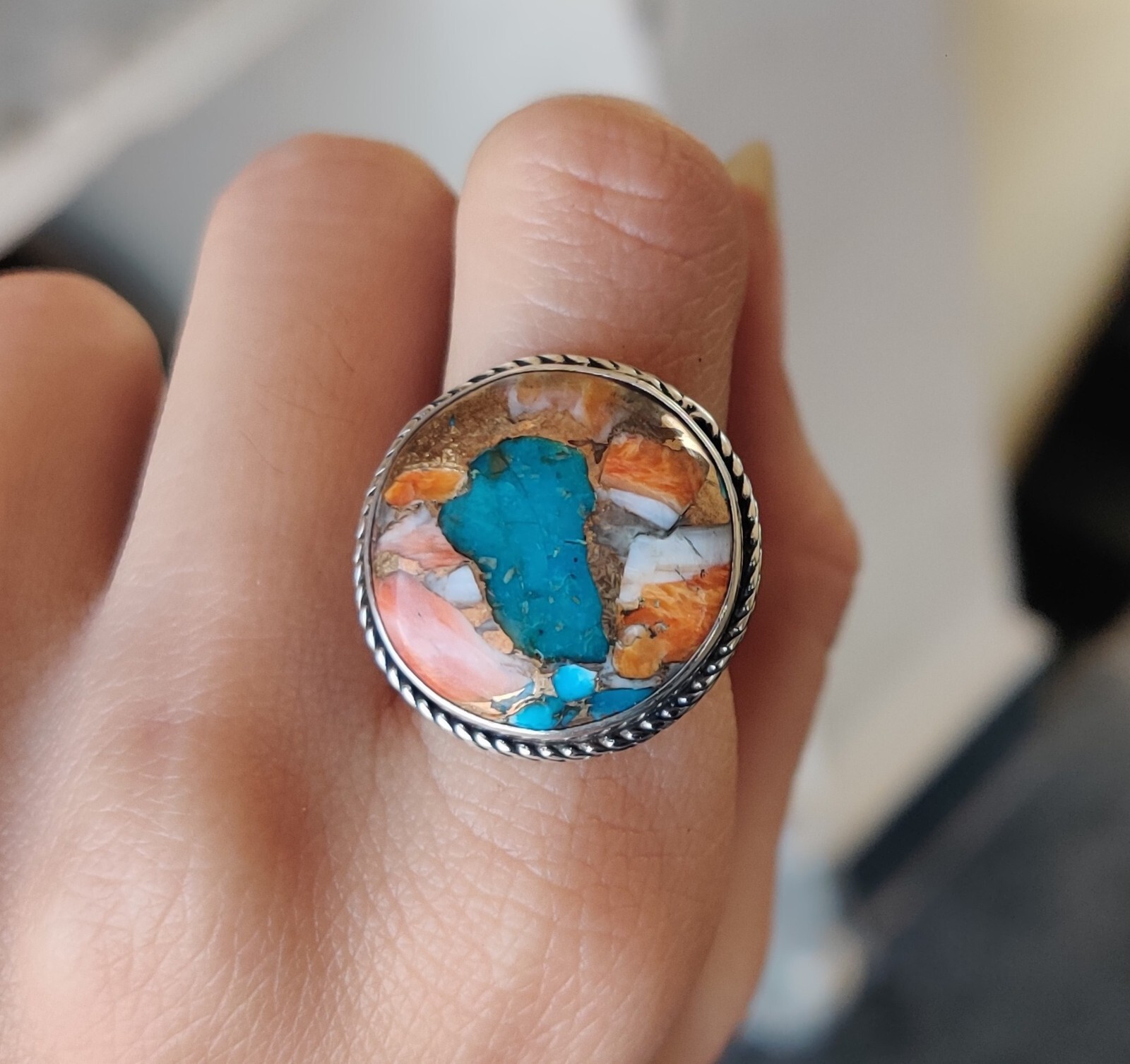 Oyster Copper Turquoise Ring 925 Sterling Silver Round Gemstone All Size MO5293