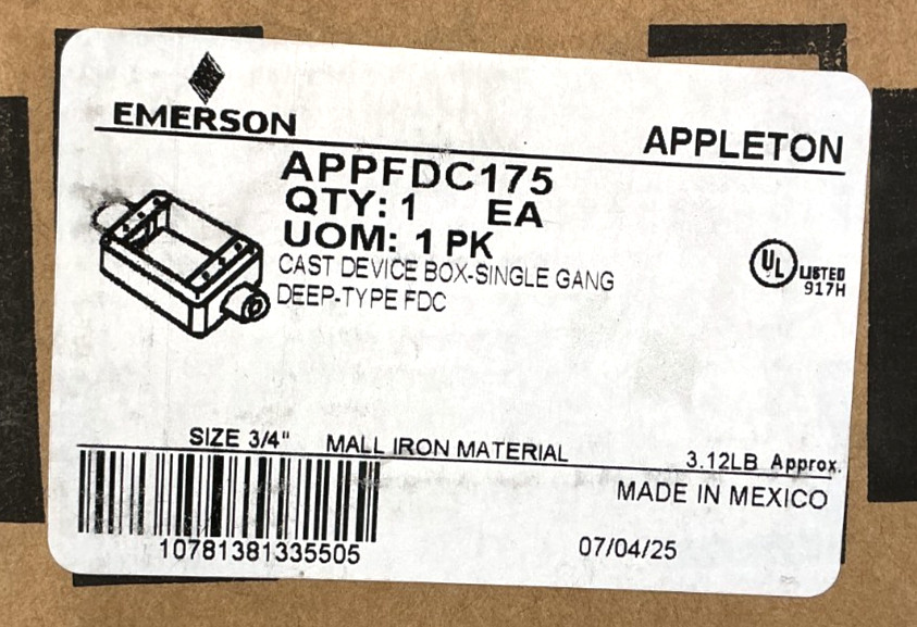 New Emerson Appleton APPFDC175 Cast Device Box-Single Gang Deep-Type FDC 3/4"