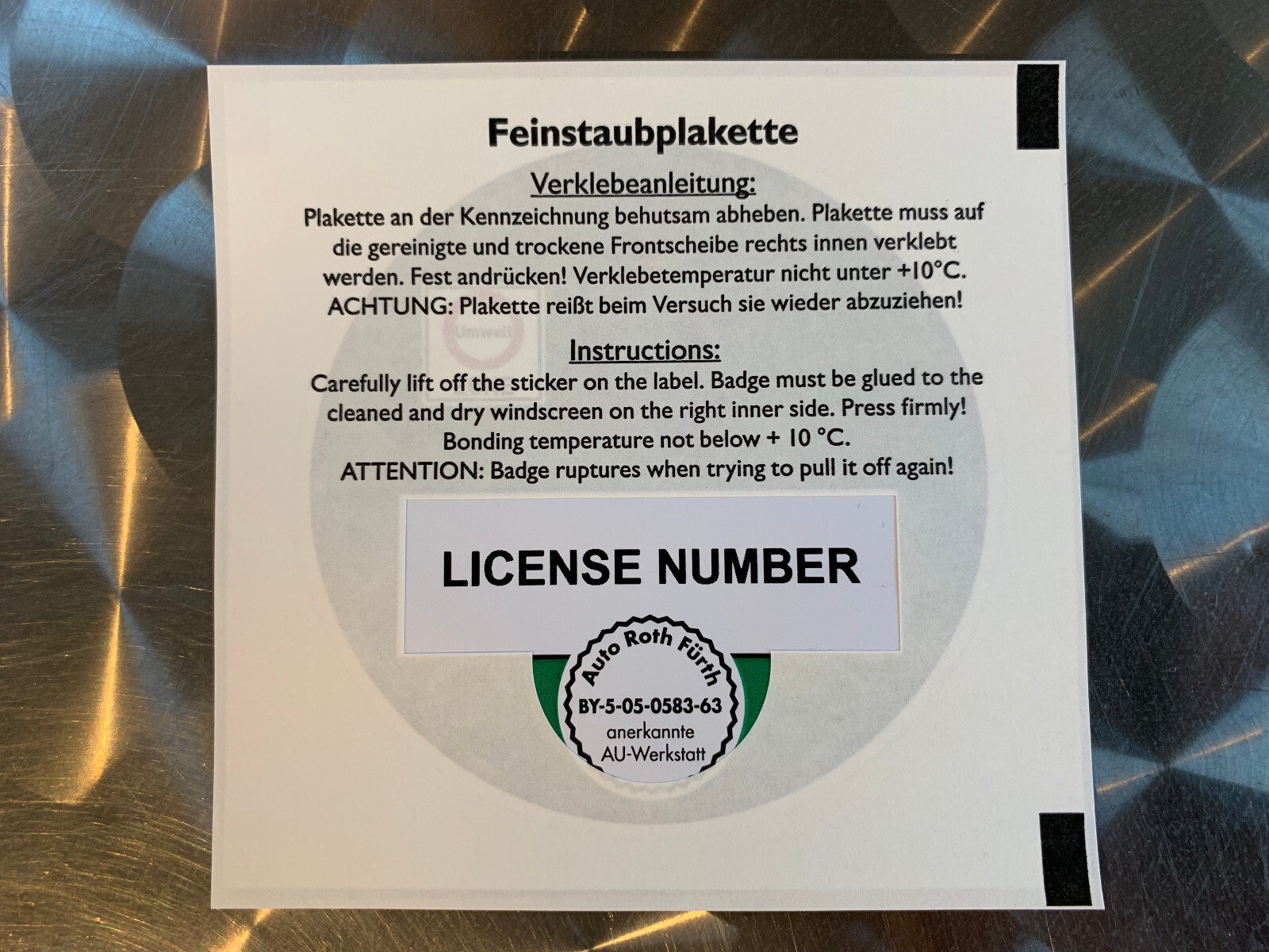 EMISSIONS DECAL - OFFICIALLY APPROVED GERMAN EMISSIONS STICKER ! LASER PRINTED