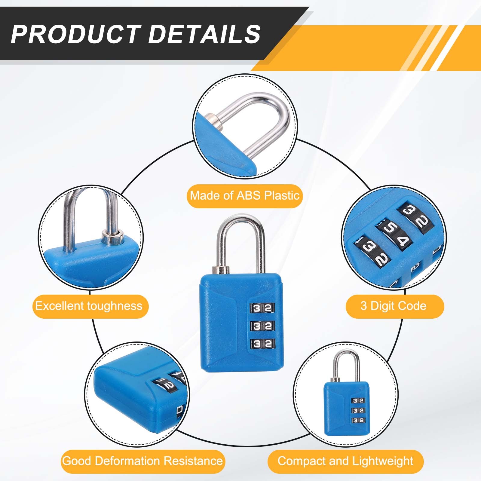 2pcs Resettable 3 Digit Plastic Combination Padlock, Blue (60 x 32mm)