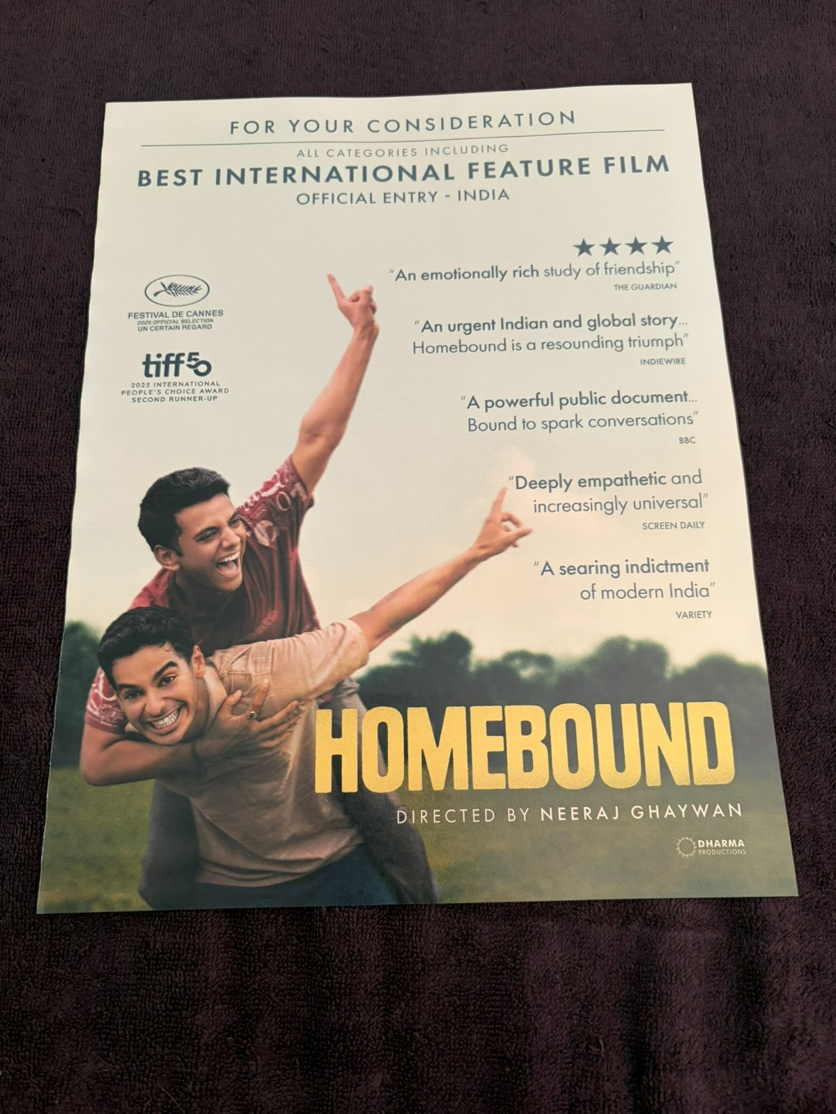 HOMEBOUND 2026 Oscar ad for Best International Film - India & FAMILIA - Italy