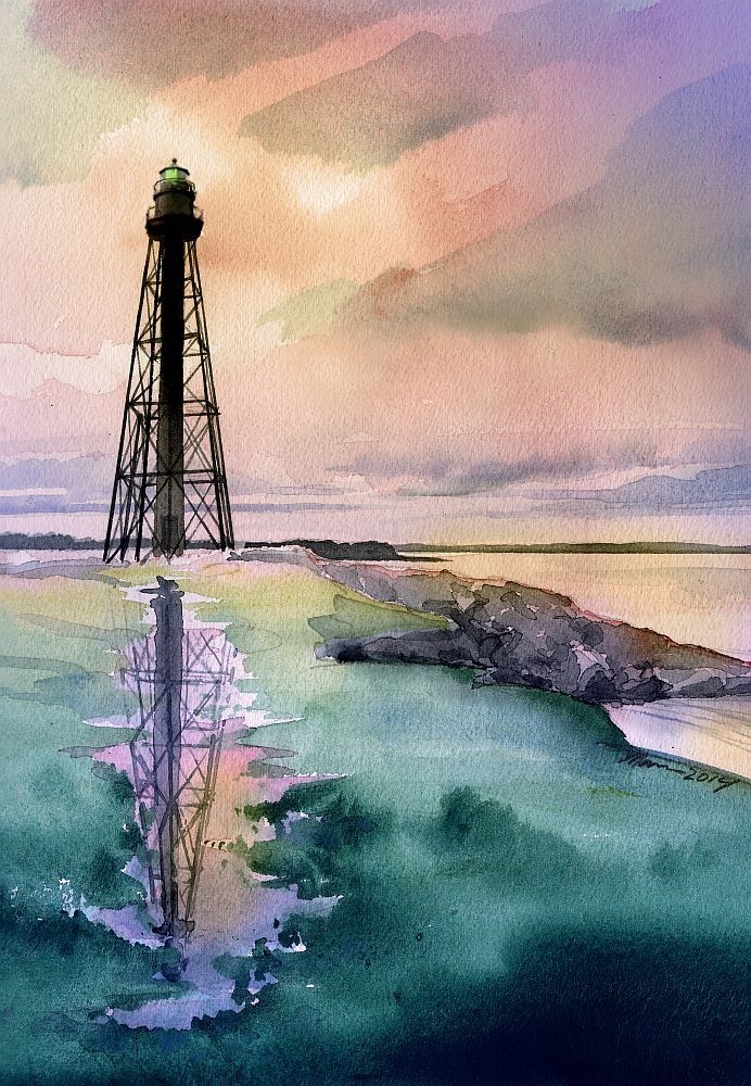 Marblehead Lighthouse, Massachusetts. North Shore Sunset. Watercolor Notecards