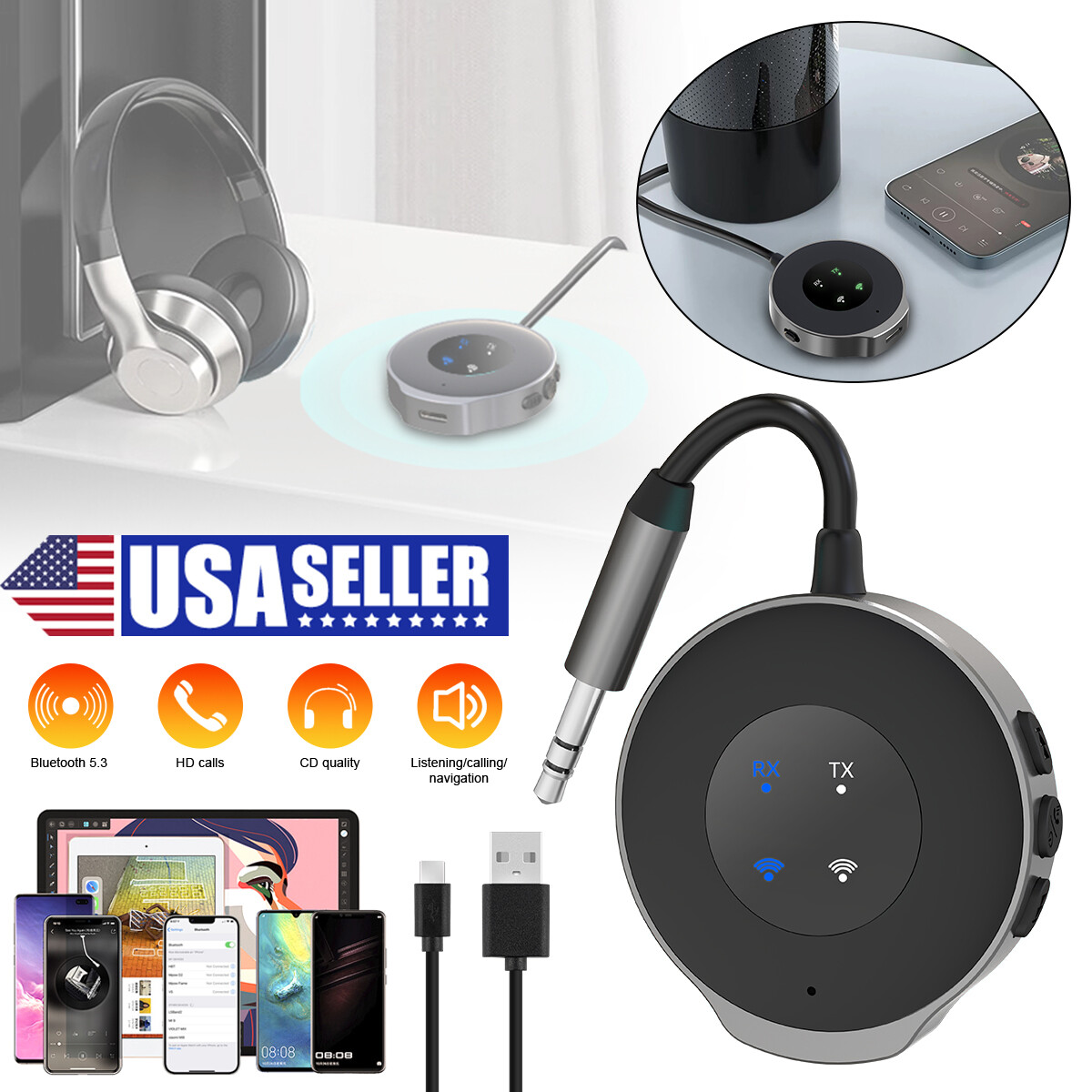2 in1 Wireless Bluetooth 5.3 Transmitter Receiver Adapter Audio 3.5mm Jack Aux
