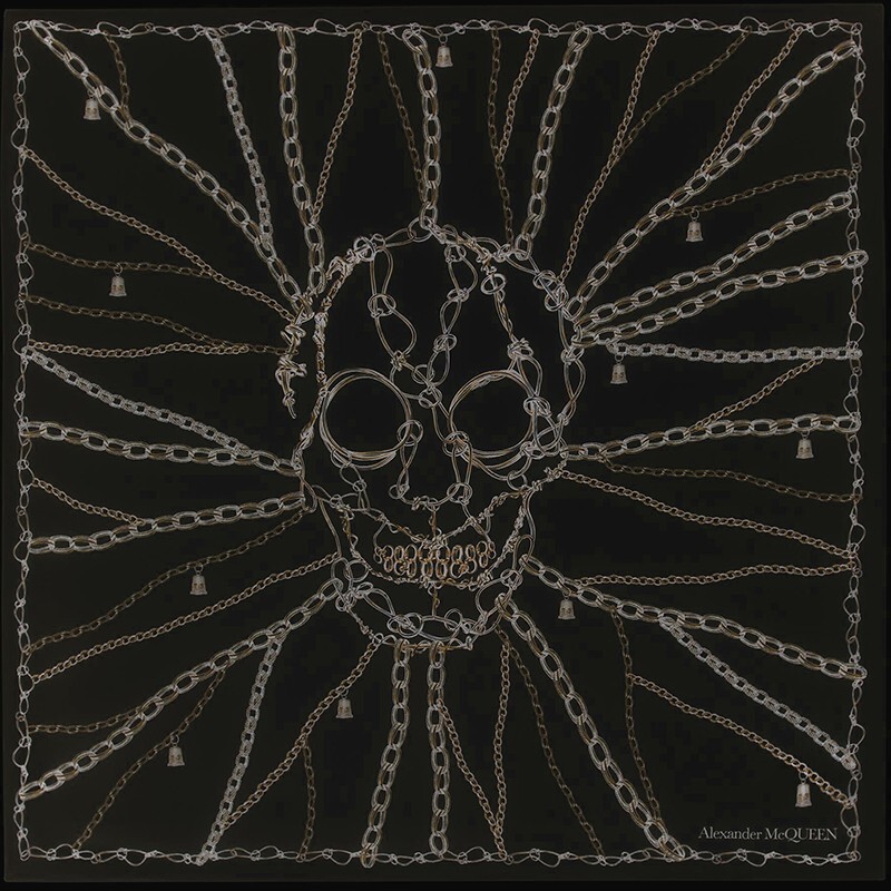NEW $420 ALEXANDER MCQUEEN Black SKULL OF CHAINS Modal Wool Shawl 55" SCARF NWT