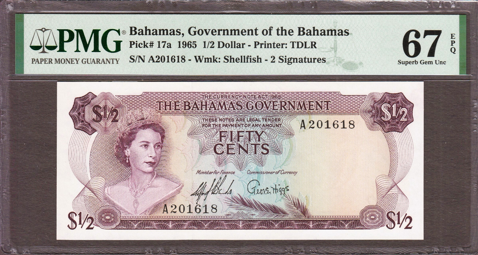 Bahamas 1/2 Dollar 1965 QEII Pick-17a SUPERB GEM UNC PMG 67 EPQ