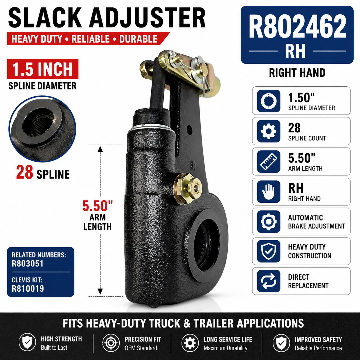 Automatic Slack Adjuster R802462 RH 1.5" 28 Spline 5.5" Arm Heavy Duty