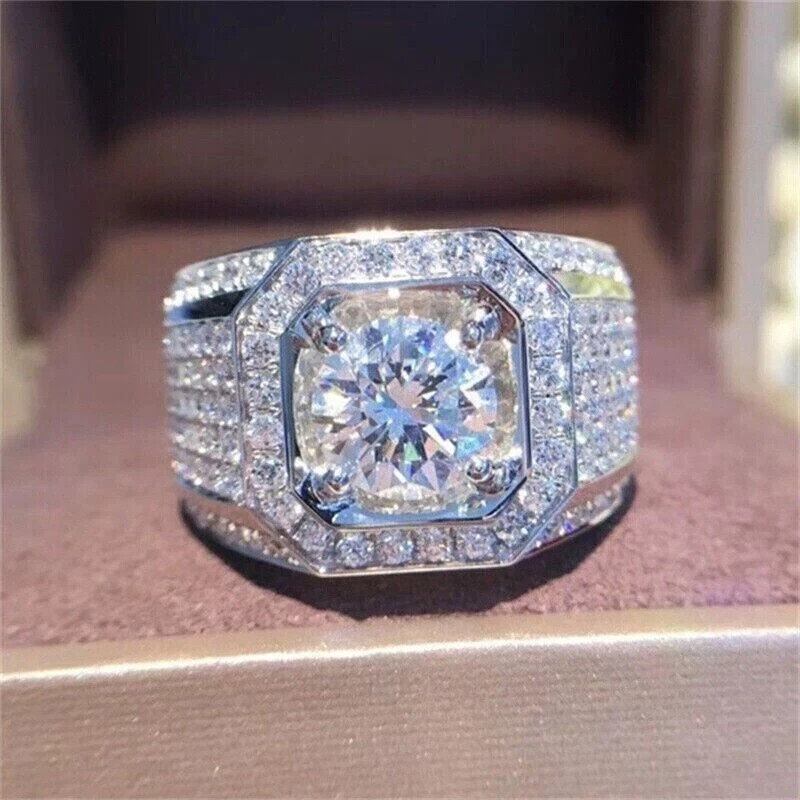 3.95CT Round Cut Lab Created Diamond Cushion Halo Men's Wedding Ring 925 Silver