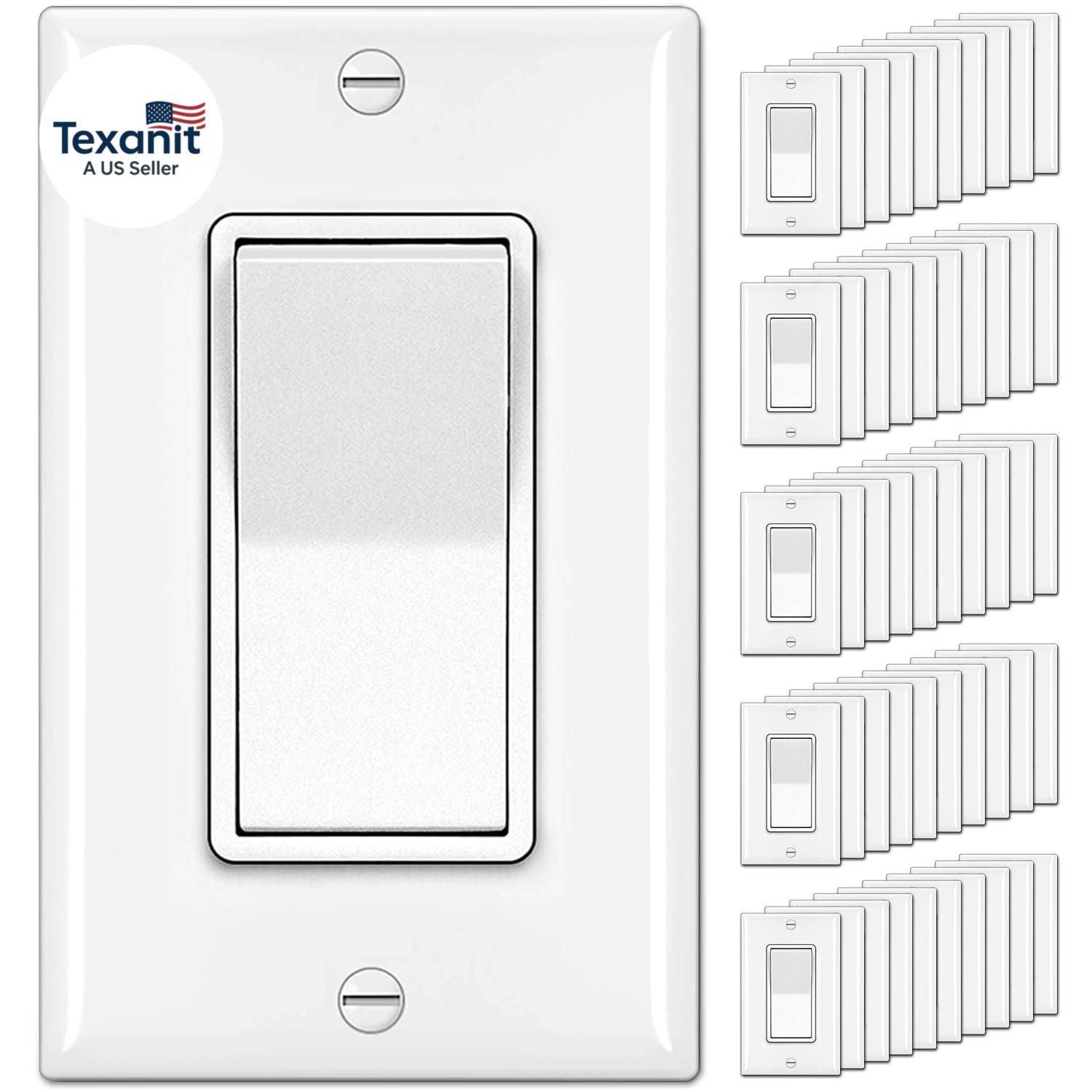 [50 Pack]  Single Pole Decorator Wall Light Switch with Wallplate, 15A 120/277V,
