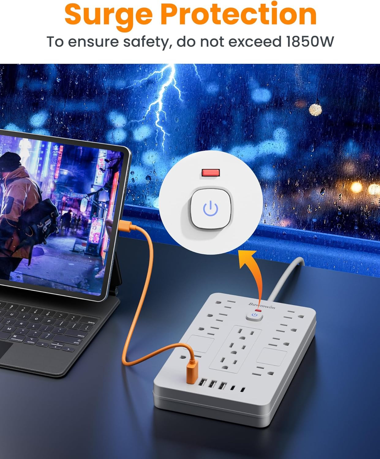 Surge Protector Power Strip - 11 Outlets(1850W/15A) with 6 USB Ports(2 USB C), 1