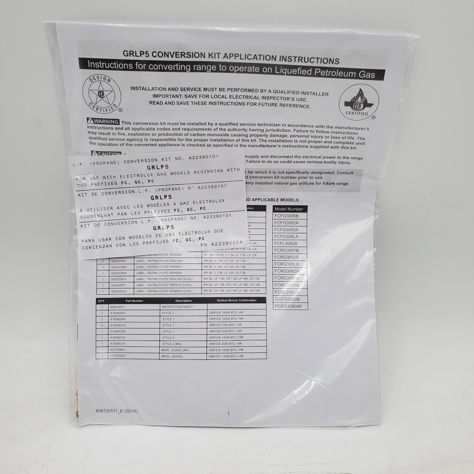 GRLP5 Electrolux / Frigidaire Conversion Kit, NAT GAS to LP GAS NEW Genuine OEM