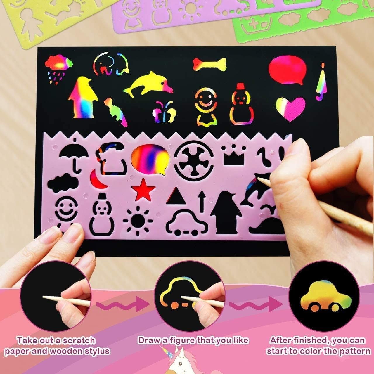 Creative Rainbow Scratch Art Set - 50 Scratch Papers with Stencils for Ages 3-12