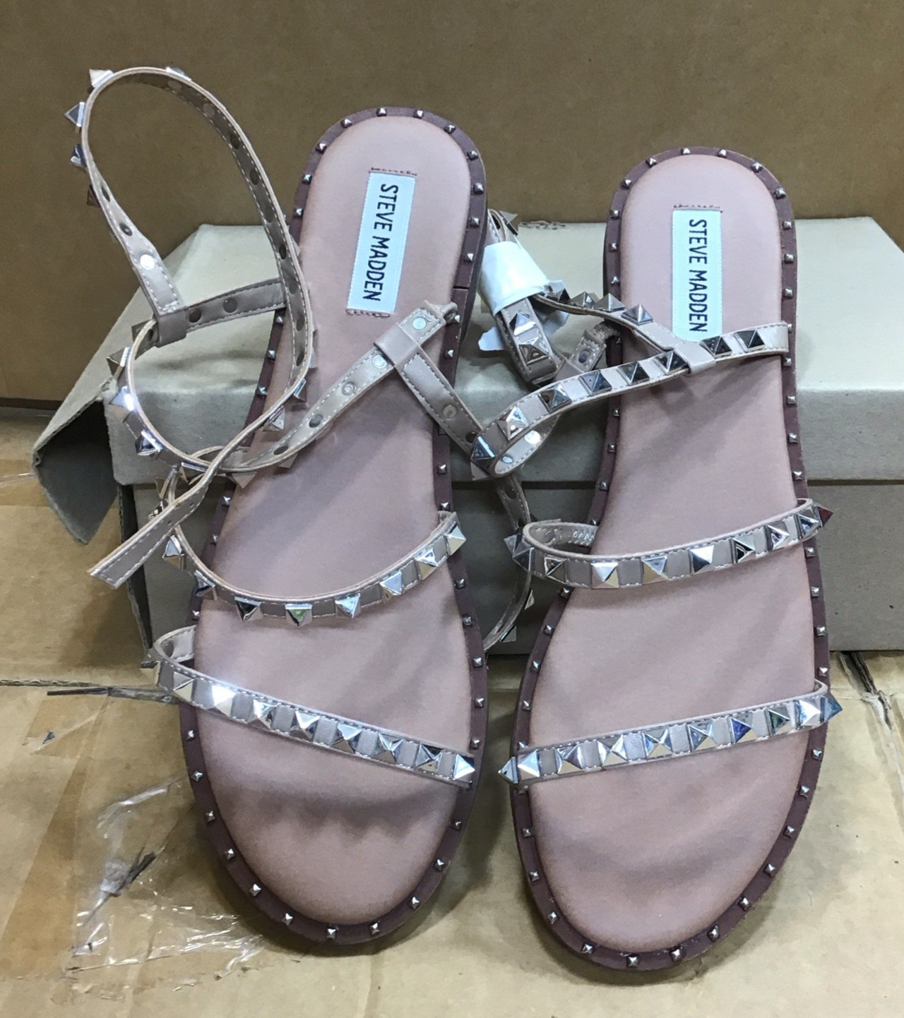 Steve Madden Travel Tan Brown Silver Studded Ankle Wrap Strappy Sandals R3