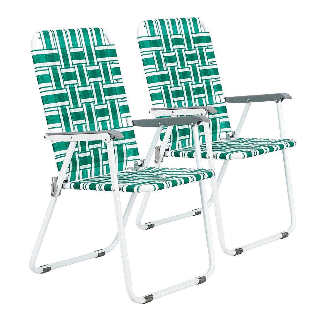 2pcs Portable Steel Tube PP Webbing Folding Beach Chair Light Green Strip