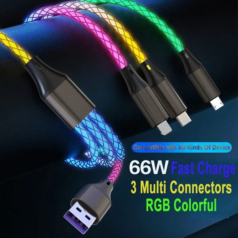 3 in 1 Multi Charger Cable LED Light Up Glowing Fast Charging Cord cable Type C
