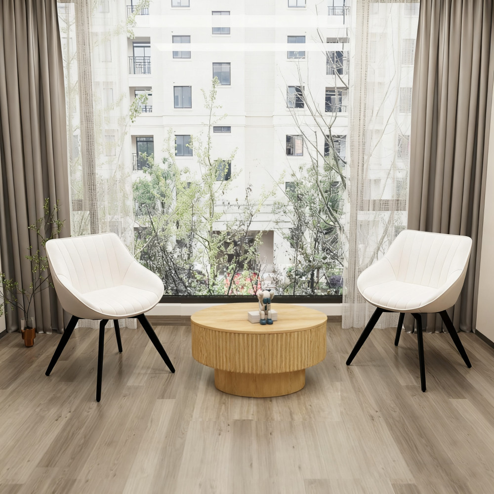 Round Coffee Table and 2 Dining Chairs Set, Modern MDF w/Storage, Beige PU Seats