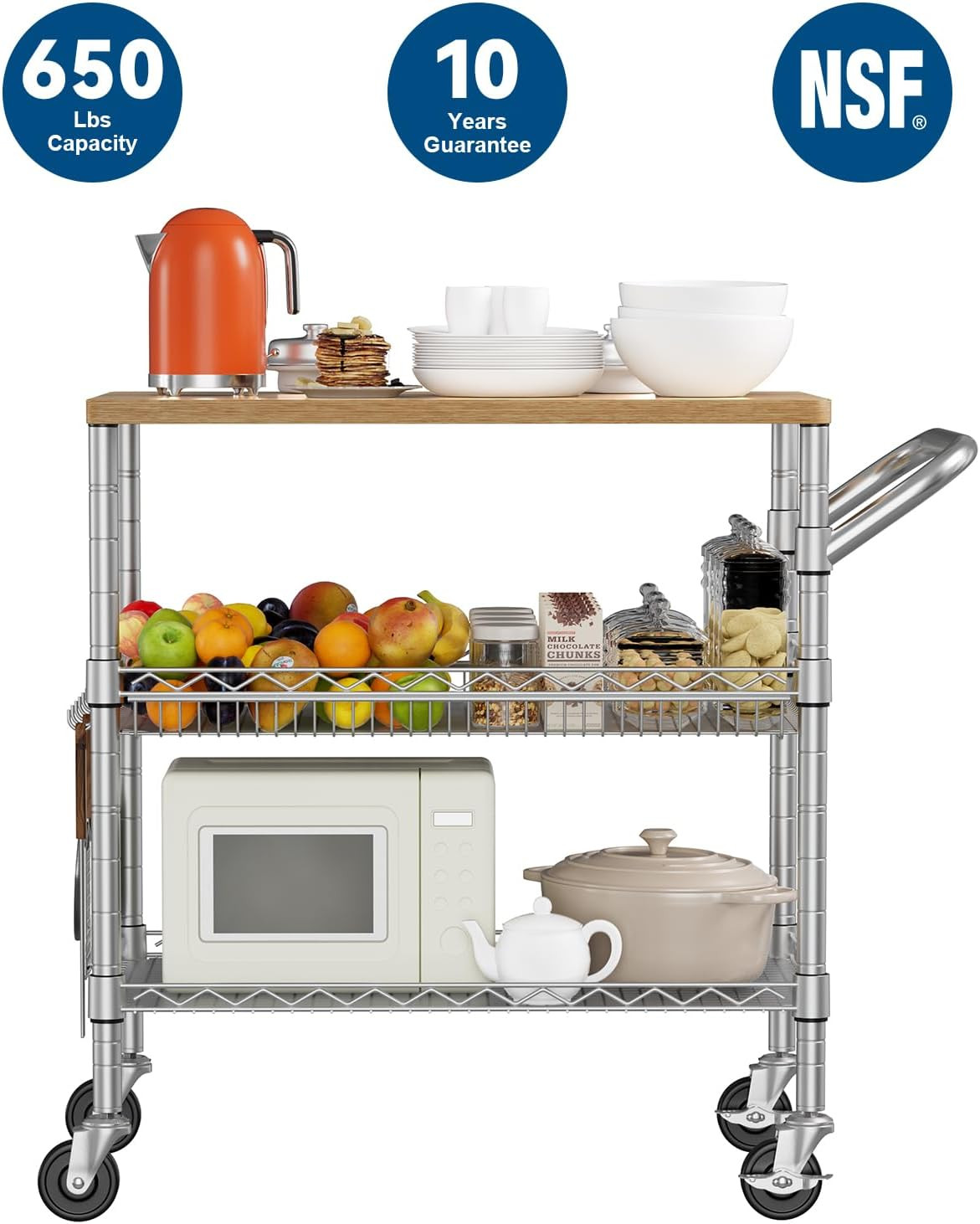 3 Tier Rolling Kitchen Carts with Wheels, Heavy Duty Rolling Utility Cart with W