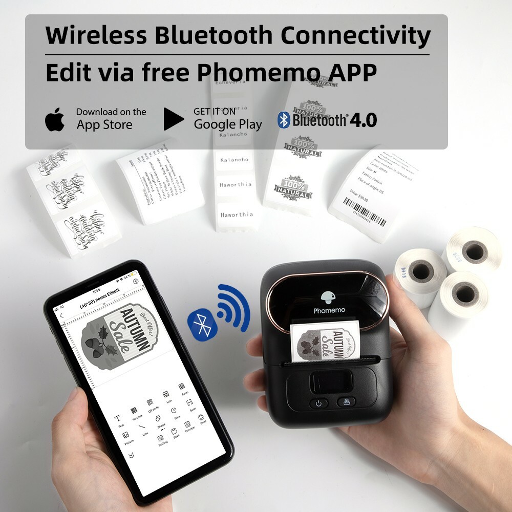 Phomemo M110 Pocket Thermal Printer Mobile Bluetooth Label Maker + 3 Rolls Paper