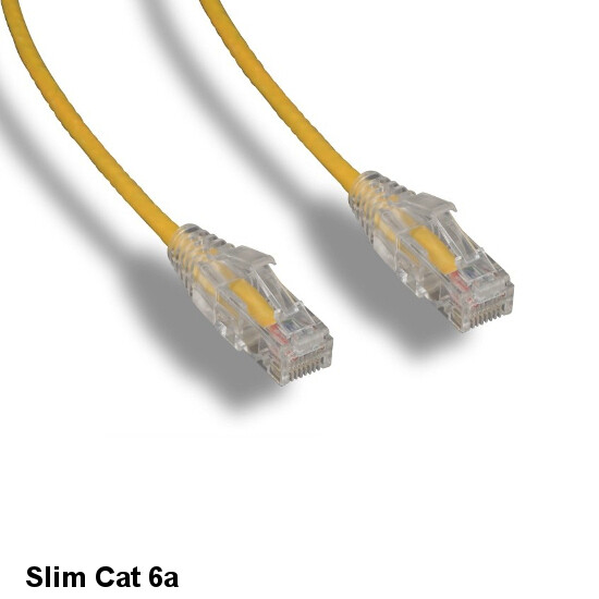 KNTK Yellow 2ft Slim Cat6a UTP Patch Cable 28AWG Ethernet RJ45 Network Snagless