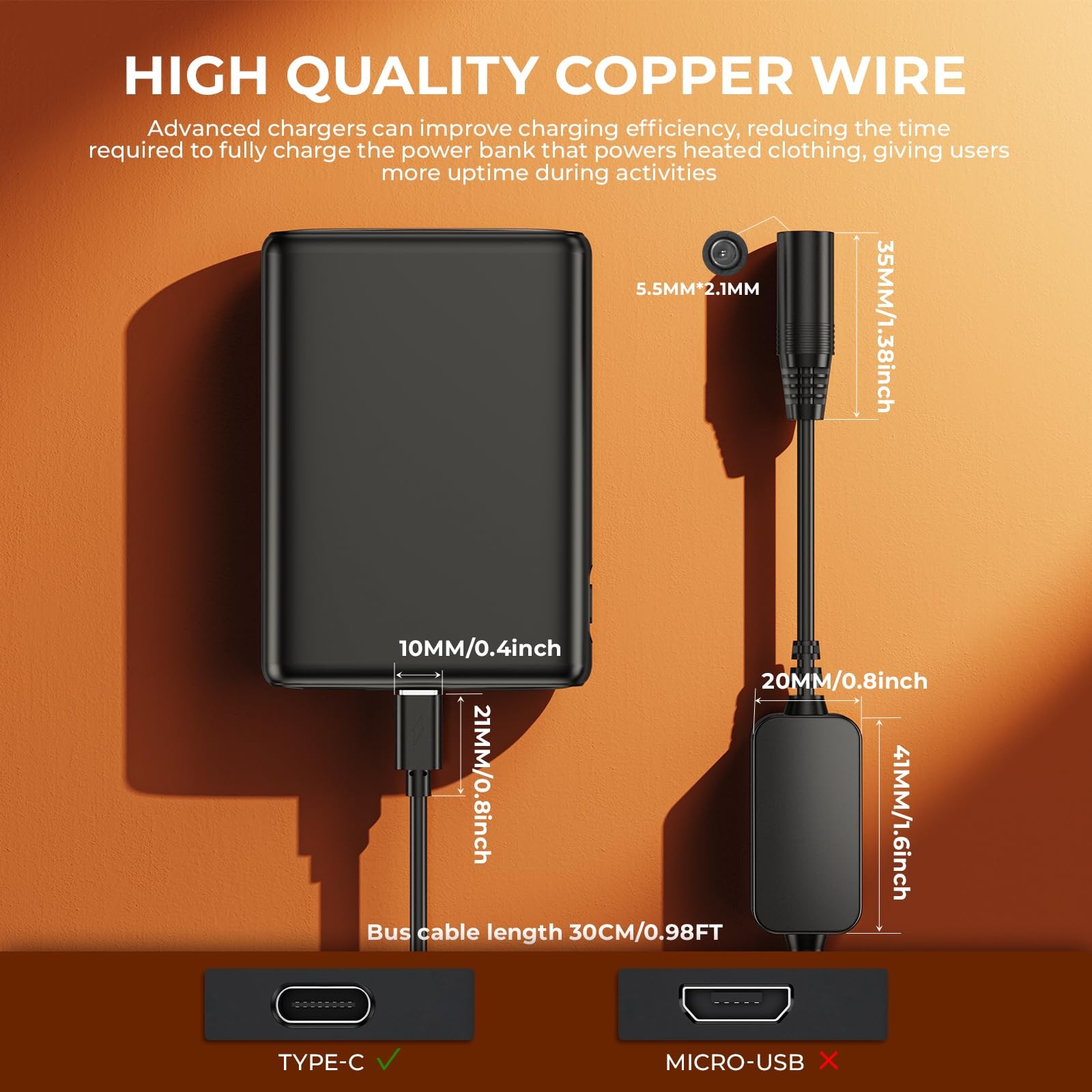 Heated Jacket Battery Type C Step-Up Adapter Charger Cable Compatible with Me...