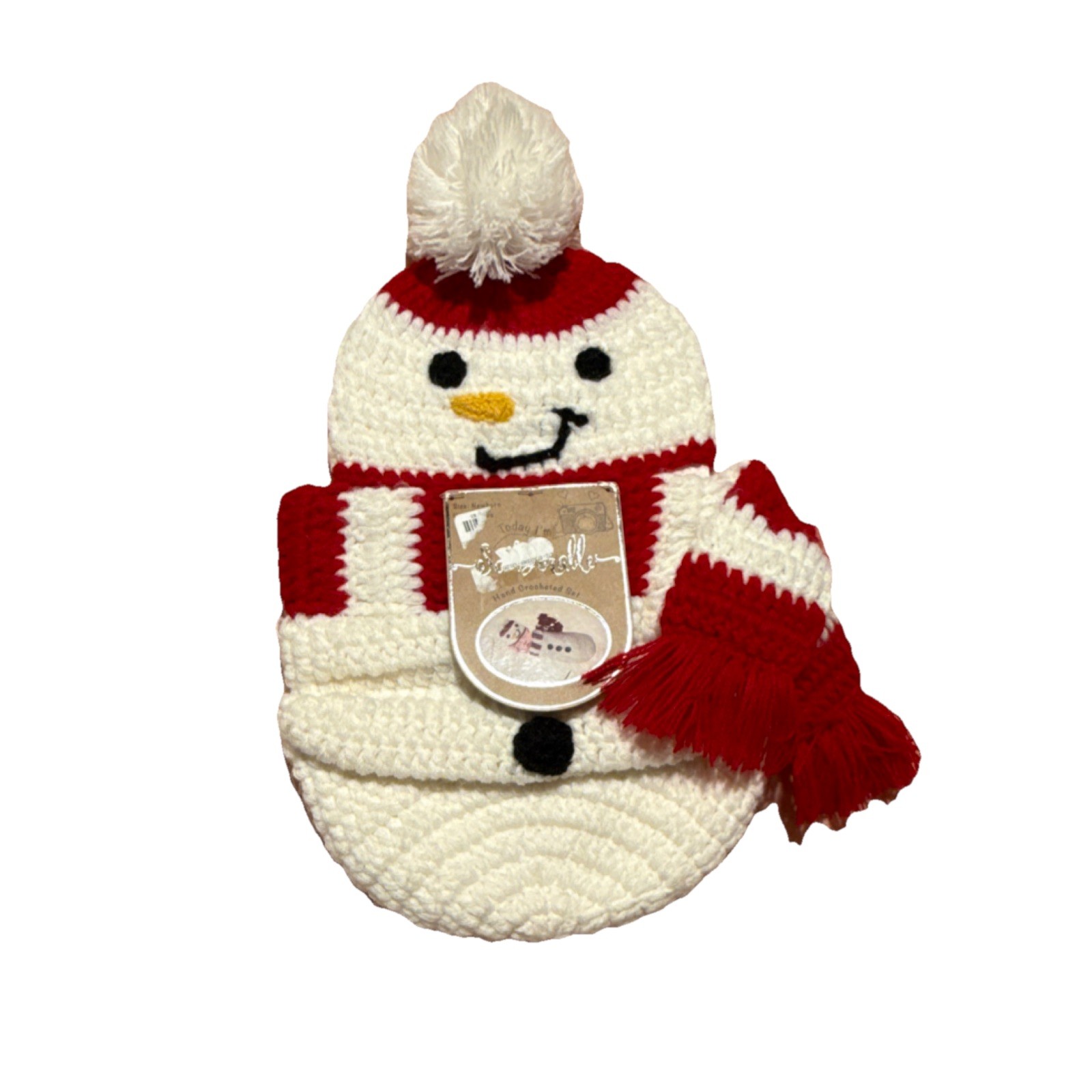 Newborn Photoshoot Handmade Crochet Snowman Hat and Scarf Set Red White Festive