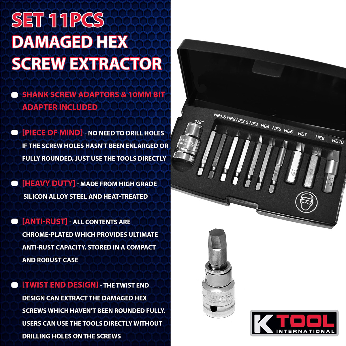 K-Tool BTK42-11HS Damaged Hex Screw Extractor Set 11PCS