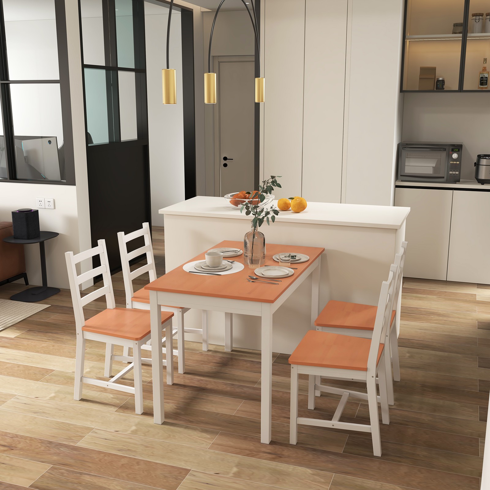 4-Person Solid Wood Dining Table Set, Kitchen Table and 4 Chairs, Modern