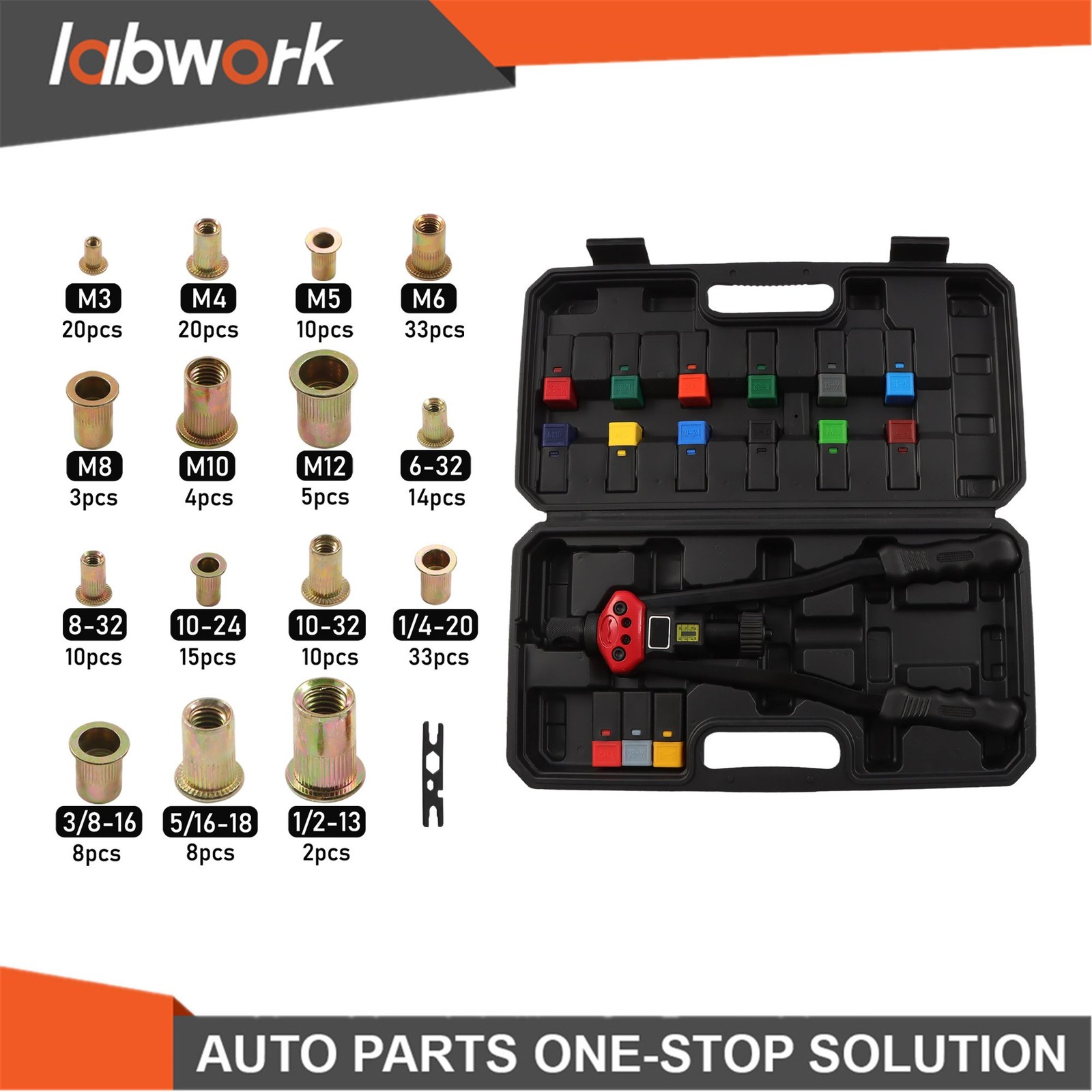 Labwork 16" Rivnut Tool Kit with 15 Metric and SAE Mandrels 200PCS Rivet Nuts