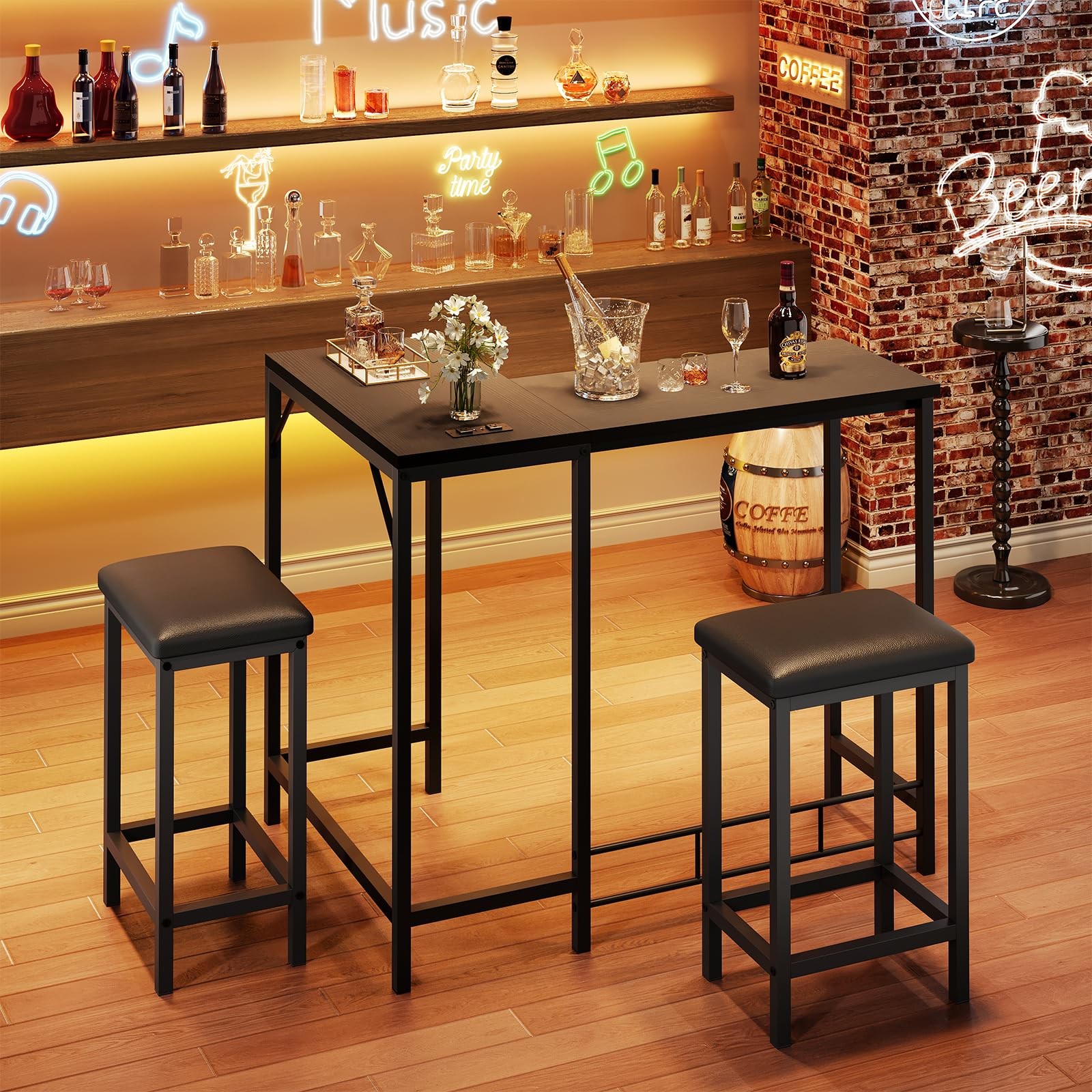 L-Shaped Convertible Bar Table Set w/ Power Outlets, Counter Height Dining Table