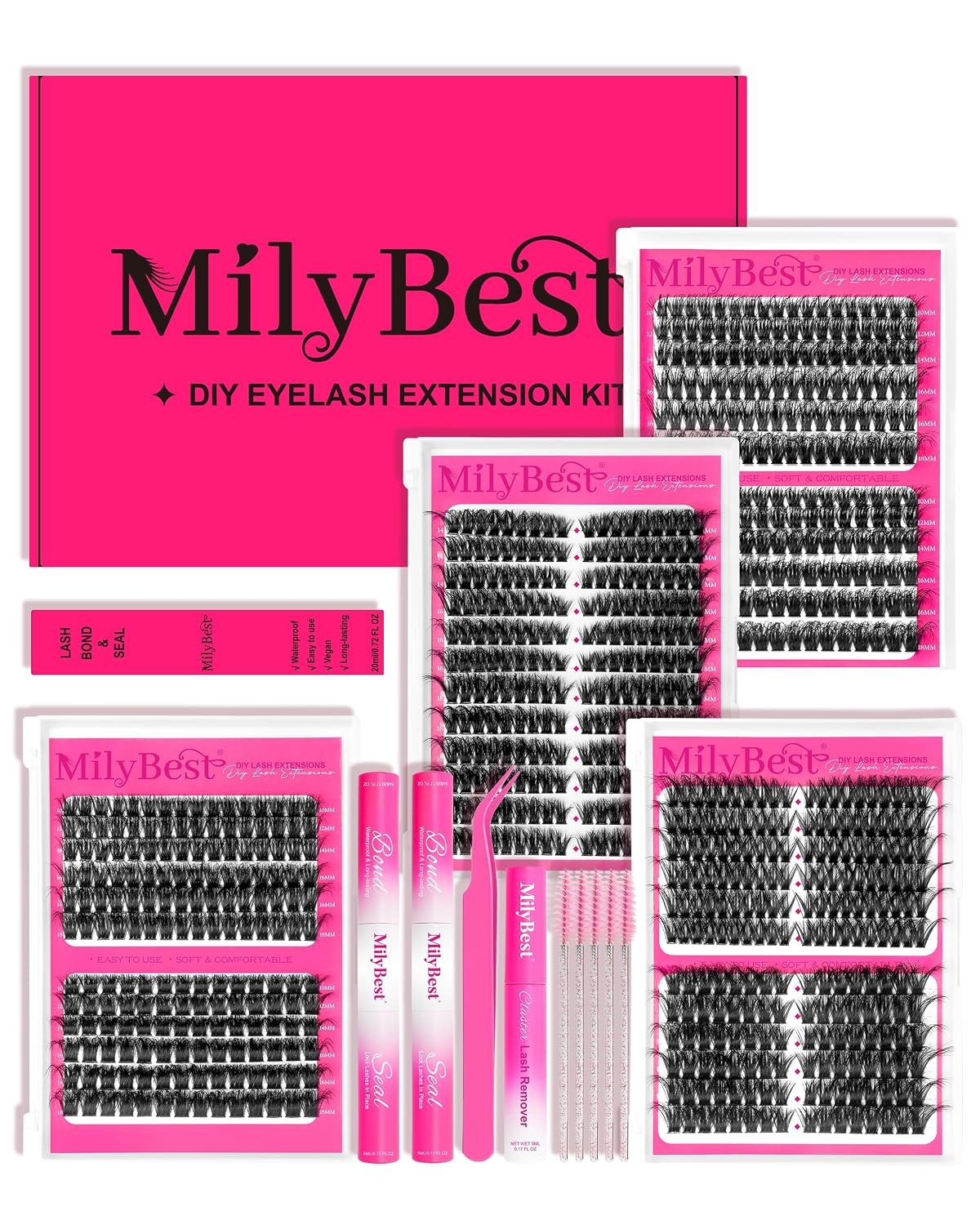 MilyBest 4 Styles Lash Clusters Kit 864Pcs D Curl DIY Eyelashes