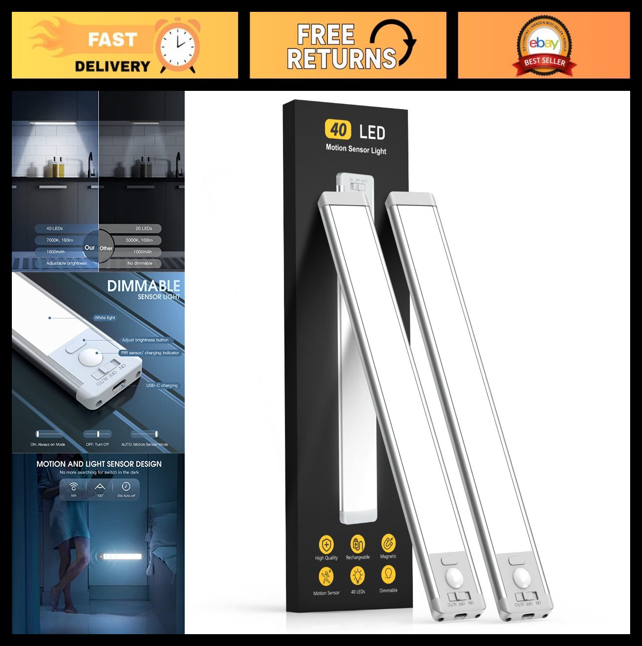 10" Rechargeable Motion Sensor Under Cabinet Lights - 2 Pack, Dimmable Magnetic