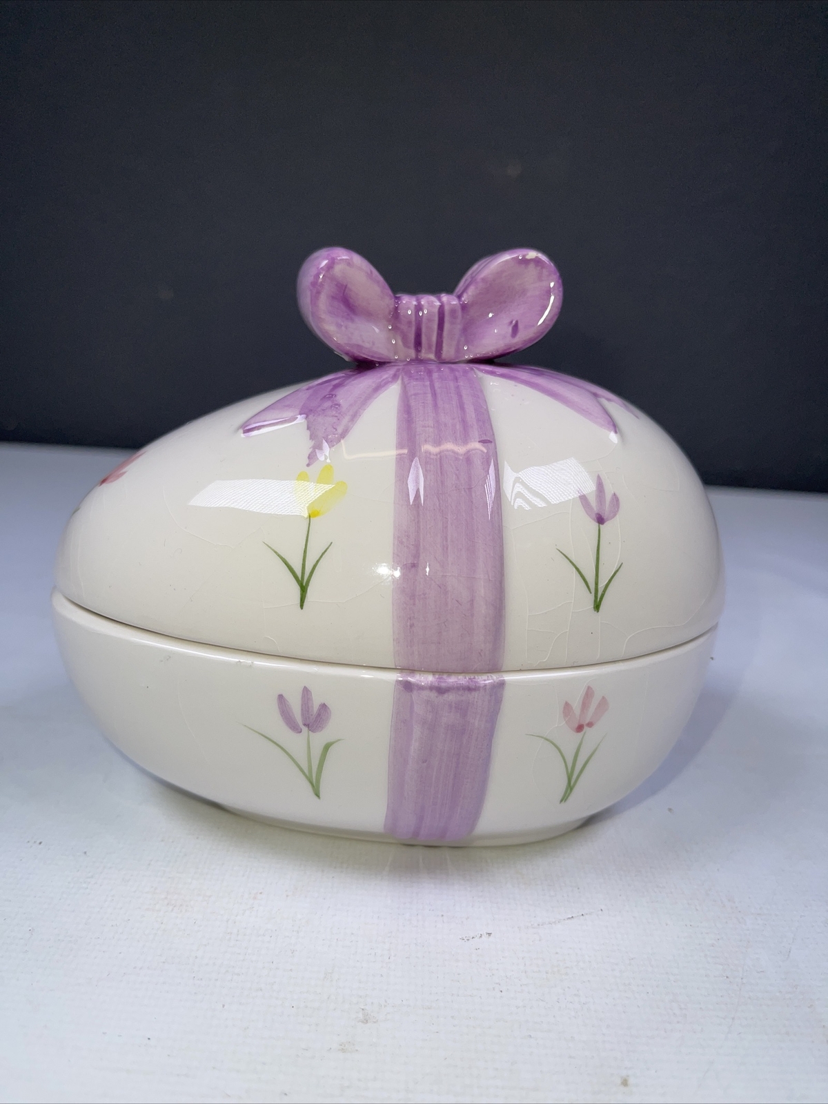 Interpur Porcelain Easter Egg Trinket Box Pink Bow Flowers