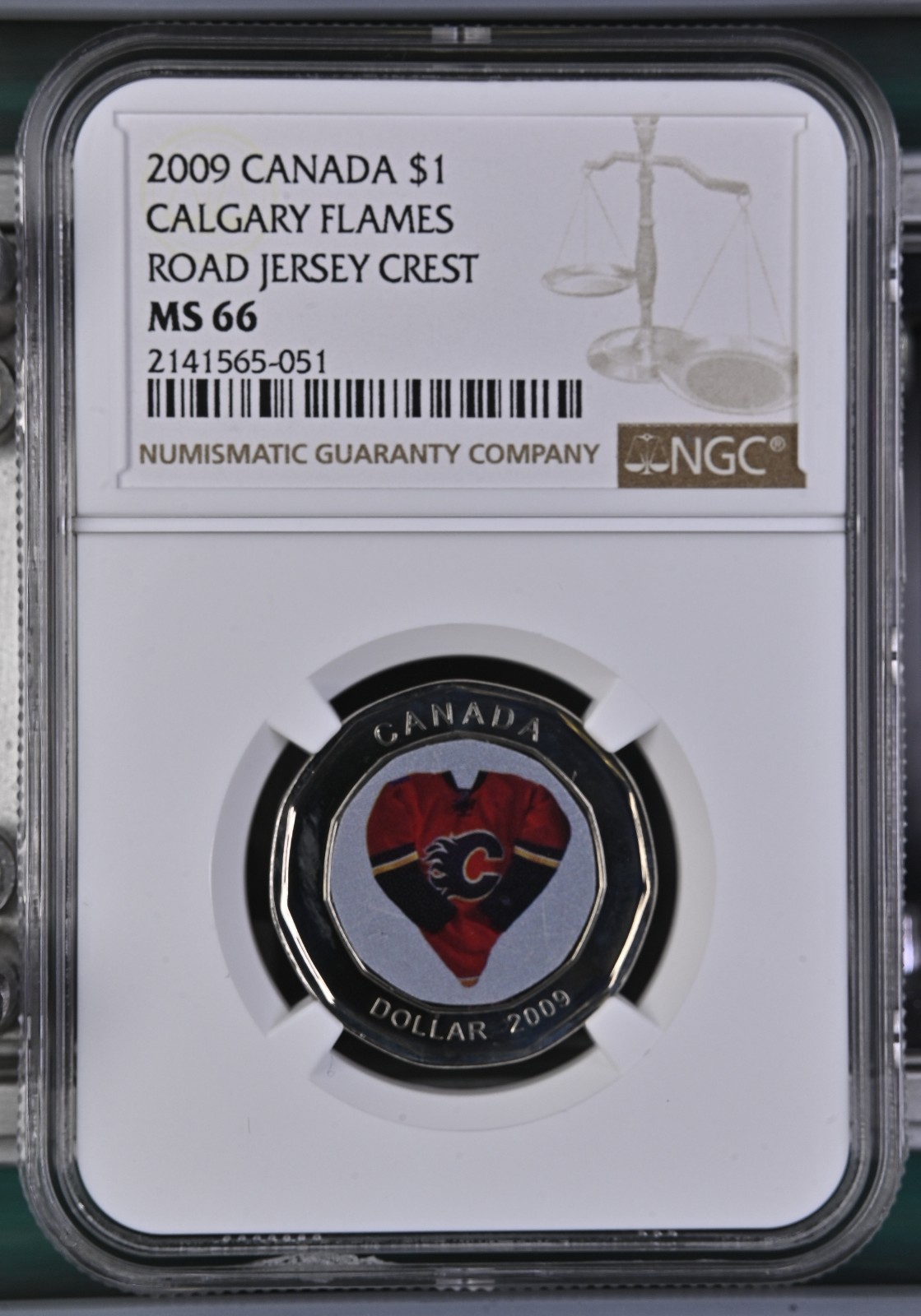 2009 CANADA $1 DOLLAR NGC MS 66 CALGARY FLAMES ROAD JERSEY CREST