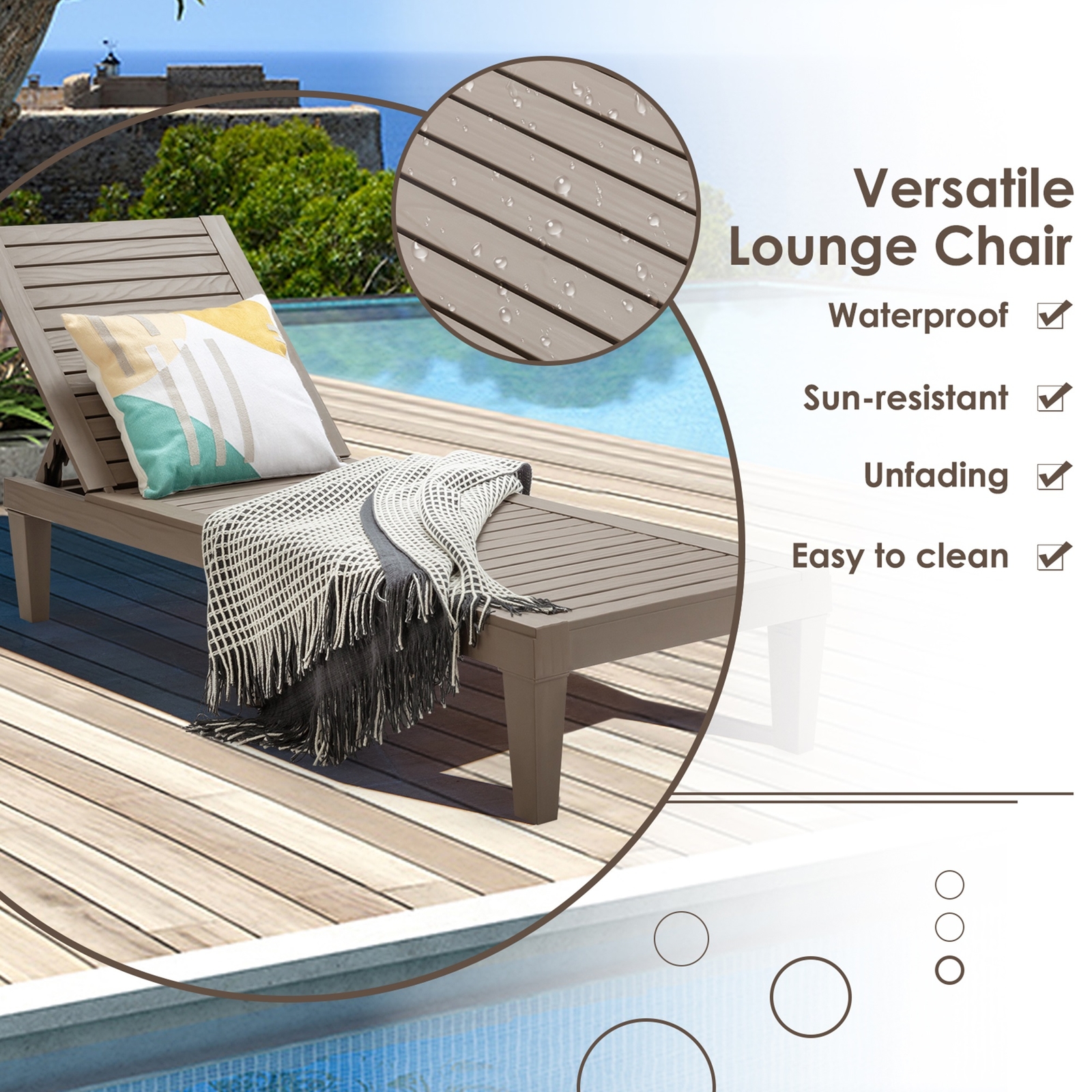 Set of 2 Patio Outdoor Chaise Lounge Chair Recliner w/ Adjustable Backrest Brown