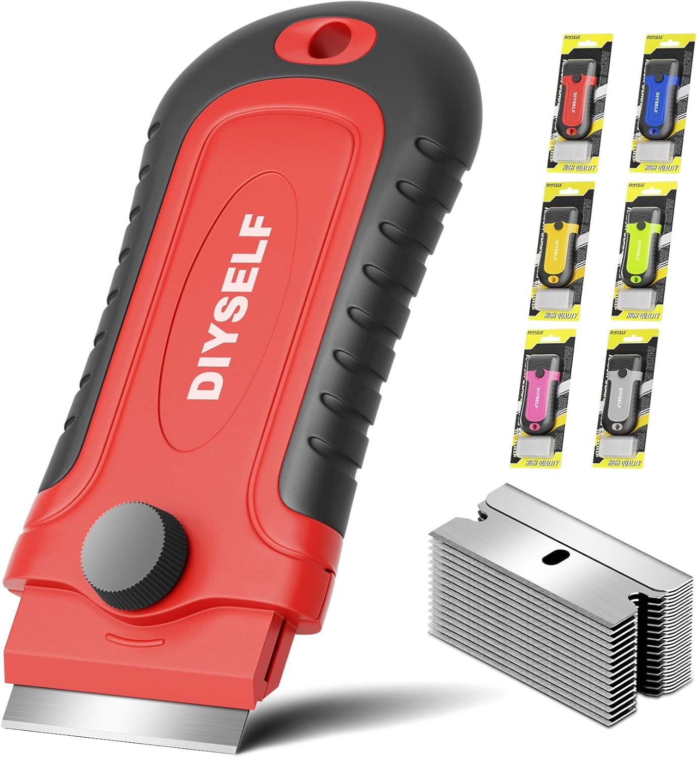 DIYSELF 1 Pack Razor Blade Scraper with 15 Extra Blades, 1 Pack, Red