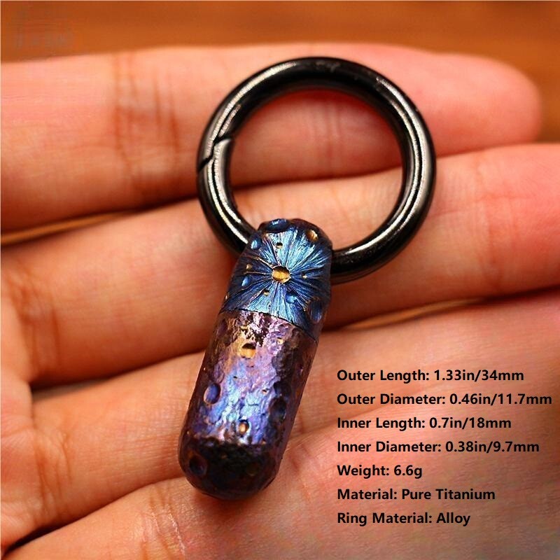 Pure Titanium Waterproof Keychain Pill Holder Case Container Hand-Carved EDC
