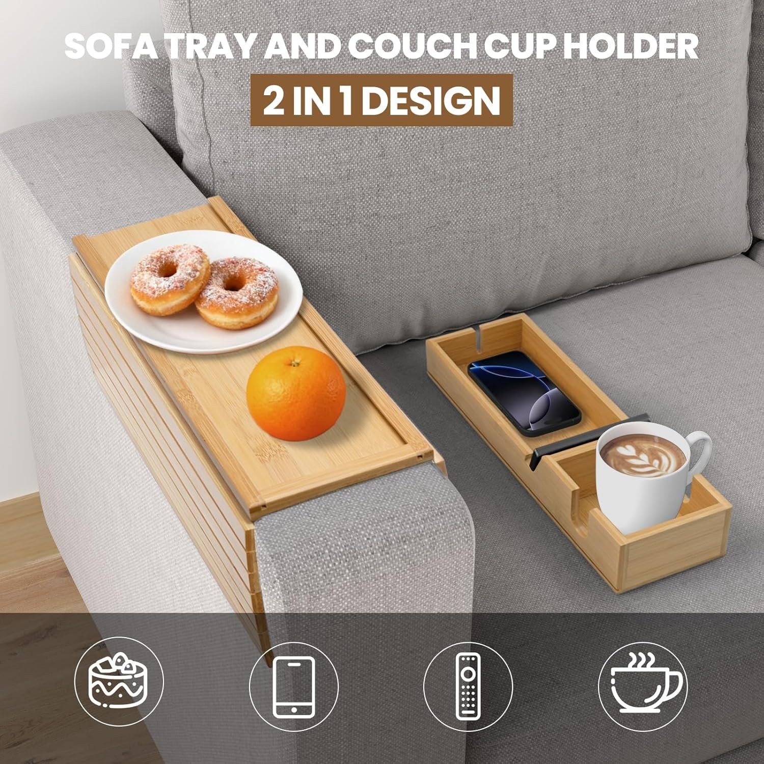 Bamboo Sofa Armrest Tray Couch Arm Tray W/ Detachable Couch Cup Holder 2 in 1