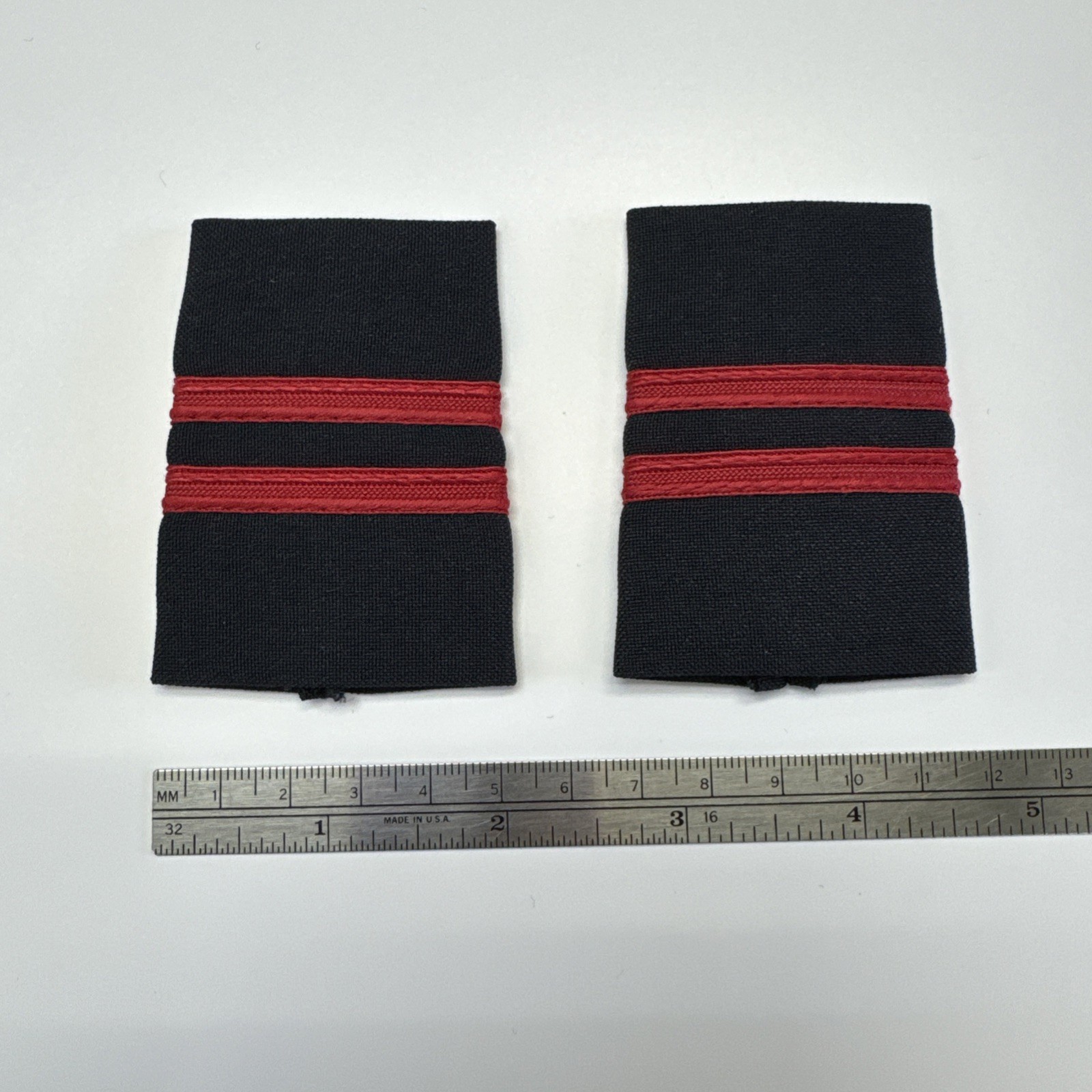 2 Red Stripe Epaulettes On Dark Navy Fabric - 2.75”x 2” X 1.75”- Made In The USA