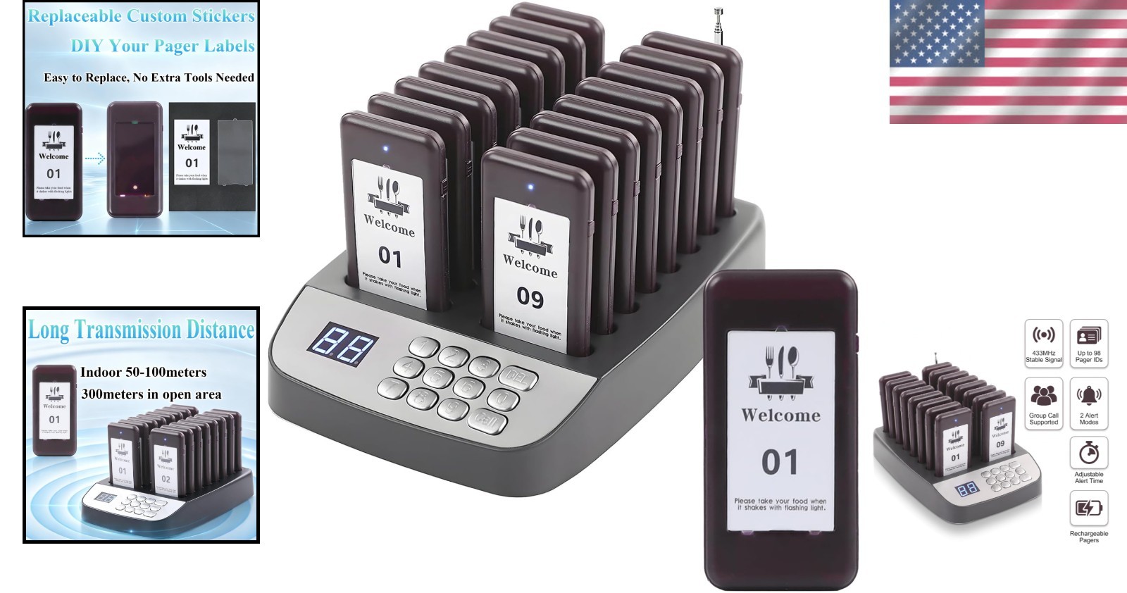16-Pager Wireless Restaurant Paging System - 500ft Range for Quick Notifications