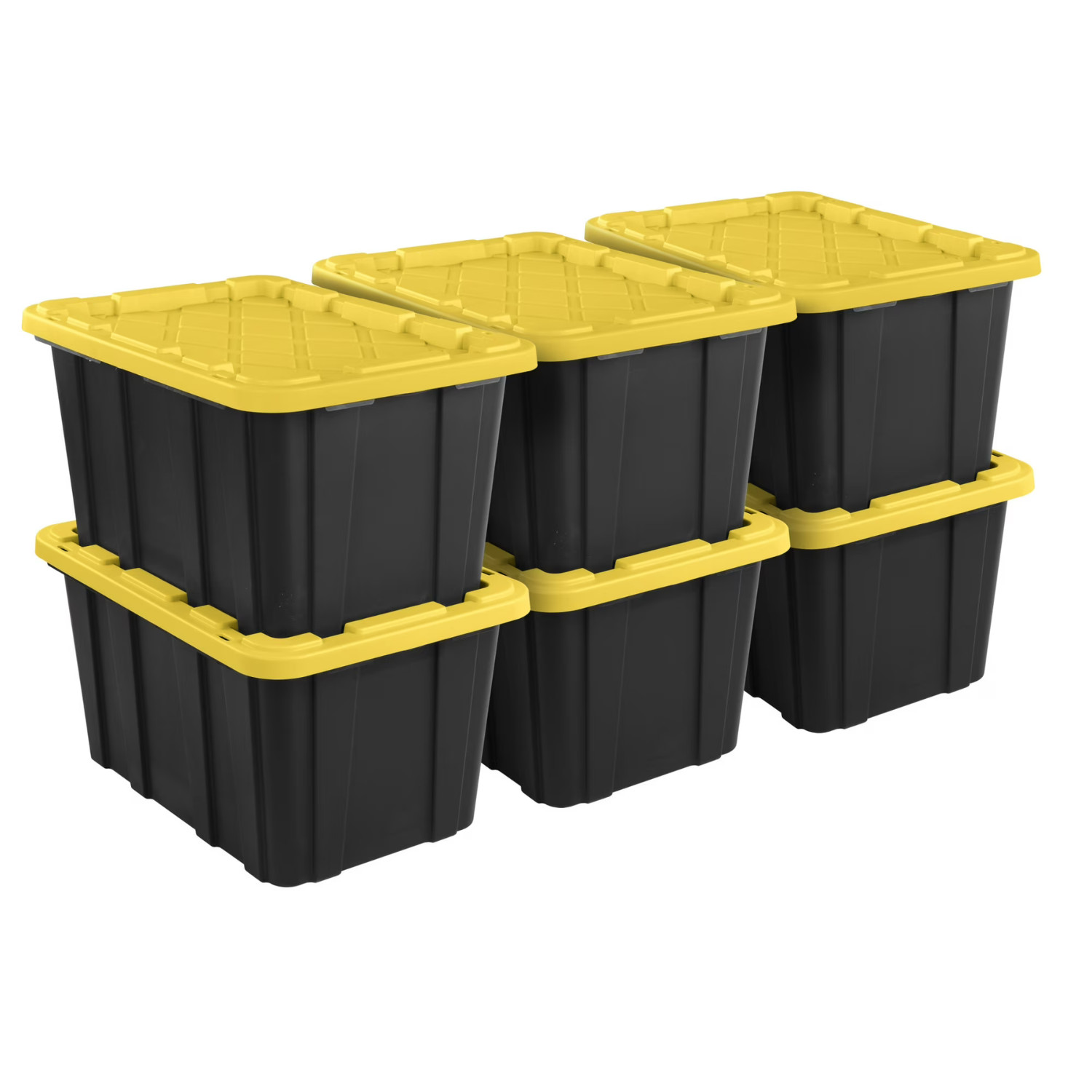 Sterilite 27 Gal Storage Tote Snap Lid Black Yellow Heavy Duty Bin 6 Pack
