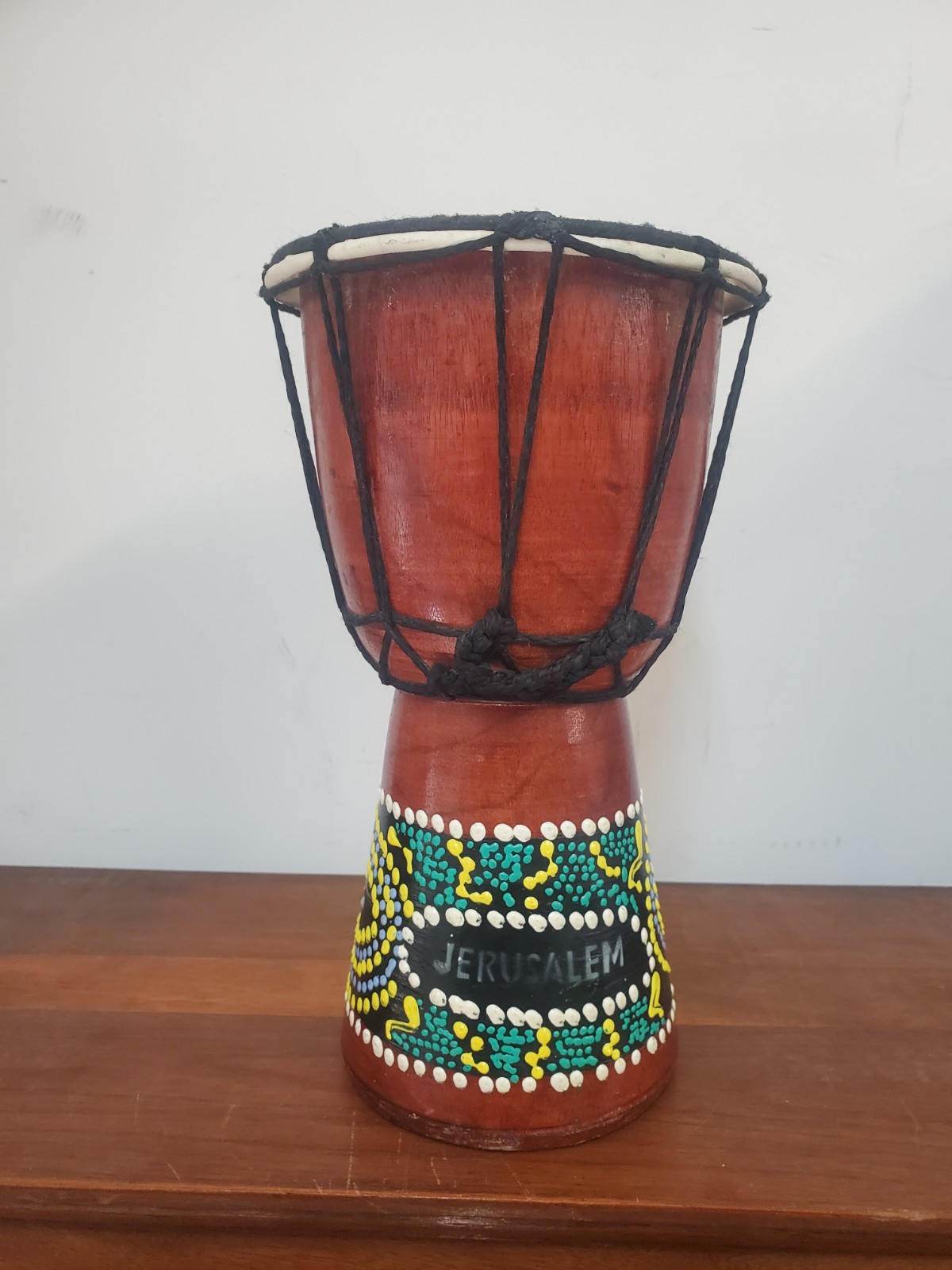 Djembe Hand Painted Portable Hand Handled Wooden Drum Souvenir Jerusalem 8"