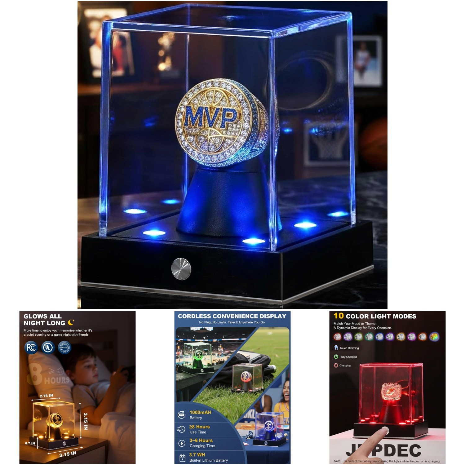 Cordless LED Ring Display Case Clear Acrylic Single Holder 10 Color Light Up