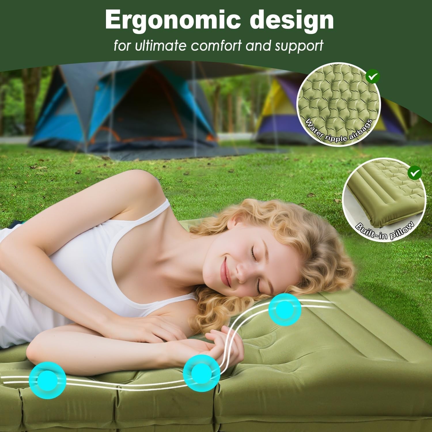 Double Camping Sleeping Pad 5 Inch Thick Self-Inflating Pillow Lightweight