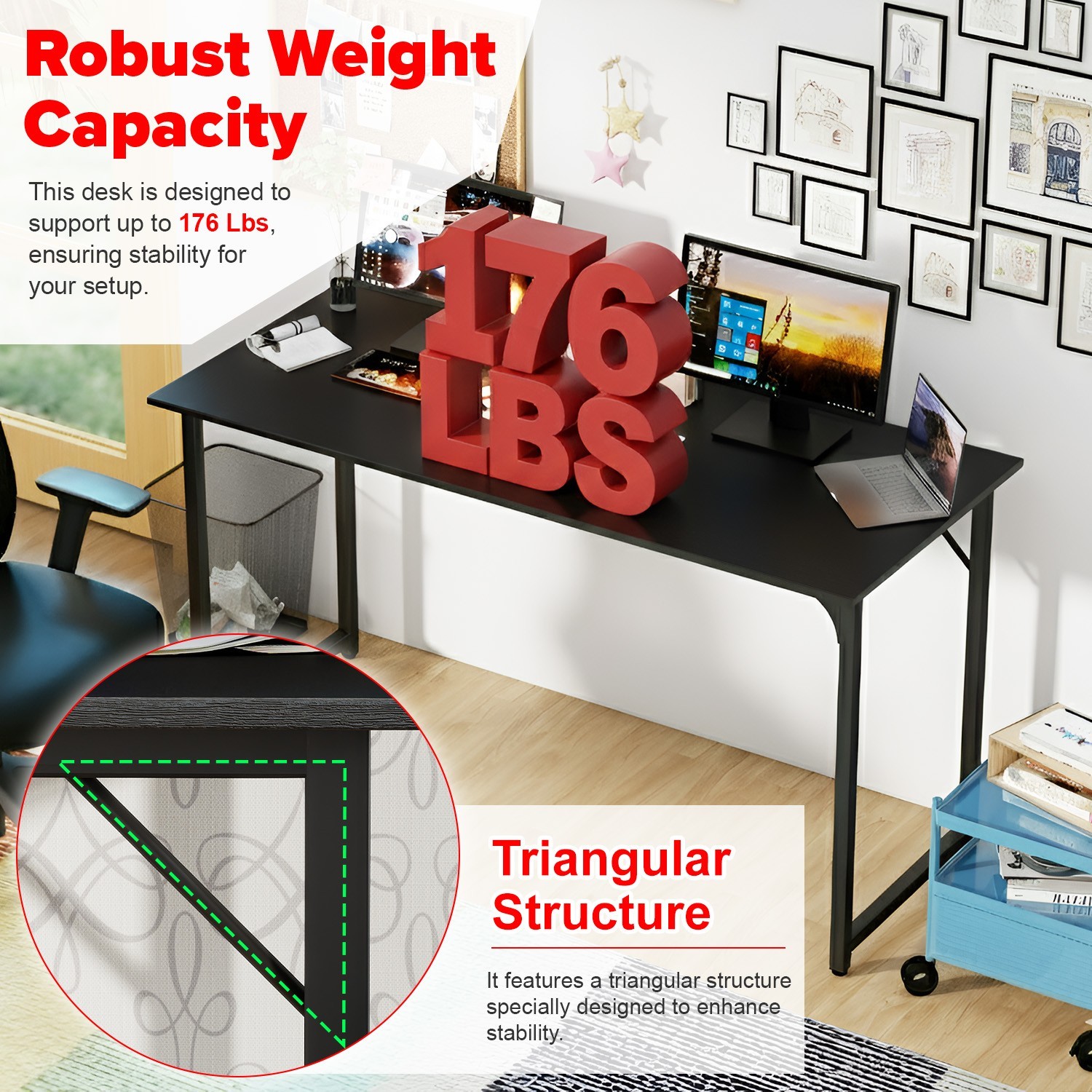 55 Inch Computer Desk Black Office Desk with Metal Frame, Scratchproof Surface