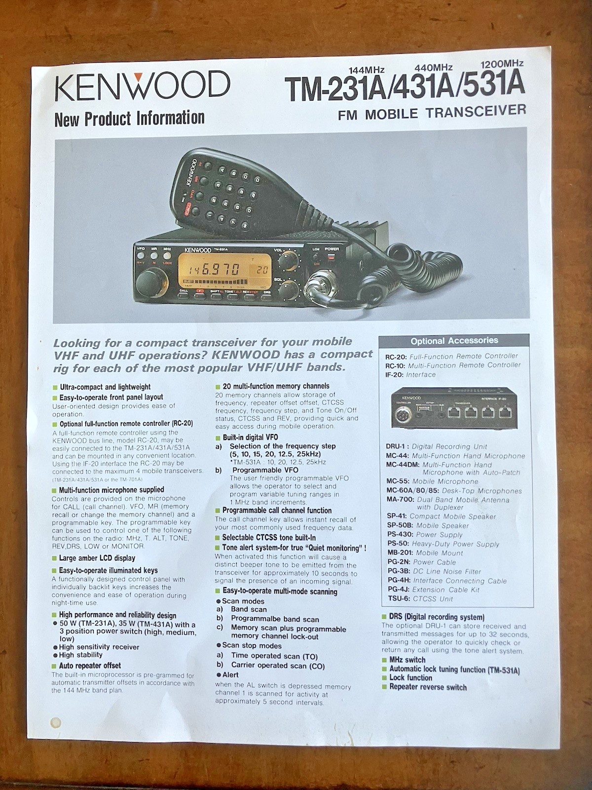 KENWOOD TM-231A TM-431A TM-531A HAM RADIO SALES BROCHURE / ORIGINAL 1989!