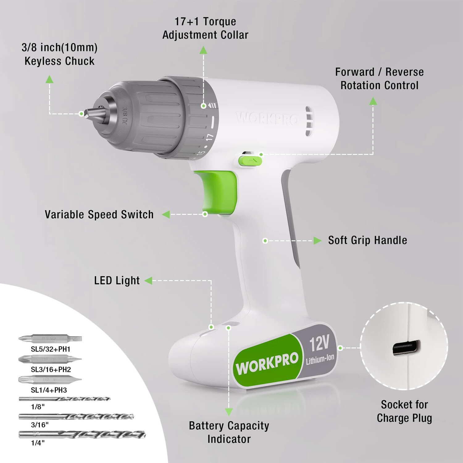 WORKPRO 12V Cordless Drill Driver 6PCS Bits Set 3/8-Inch Keyless Chuck 18 Touque