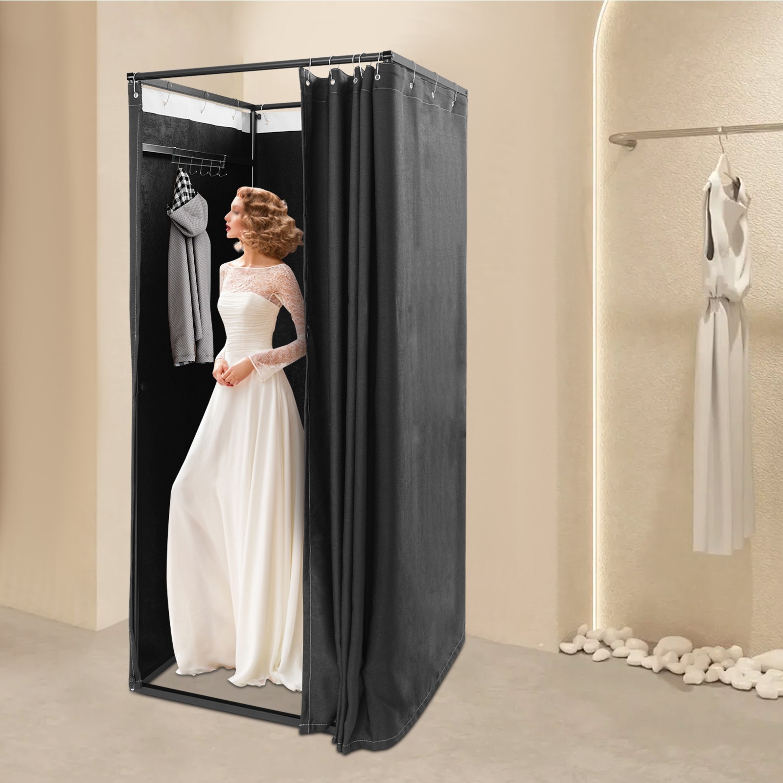 Black Portable Fitting Room Changing Room with Curtain and Hooks New