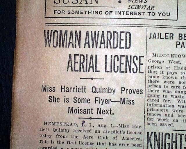 Harriet Quimby Becomes 1st Woman Aviator GETS Airplane License 1911 Newspaper