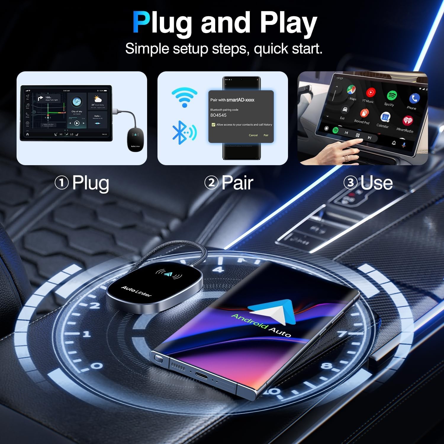 Android Auto Wireless Adapter for Cars with Built-in Wired Black