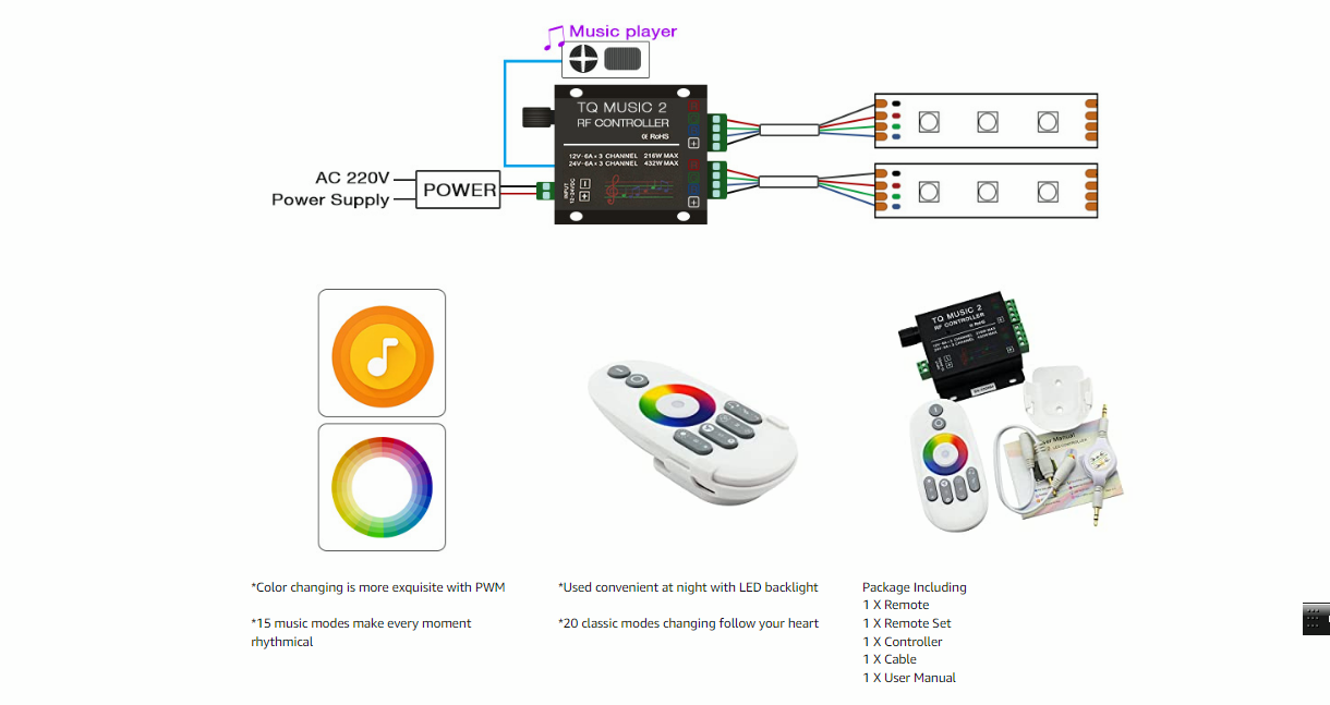LED RGB Music Touch Controller RF Remote Touching Color 3.5MM Audio 15 Modes